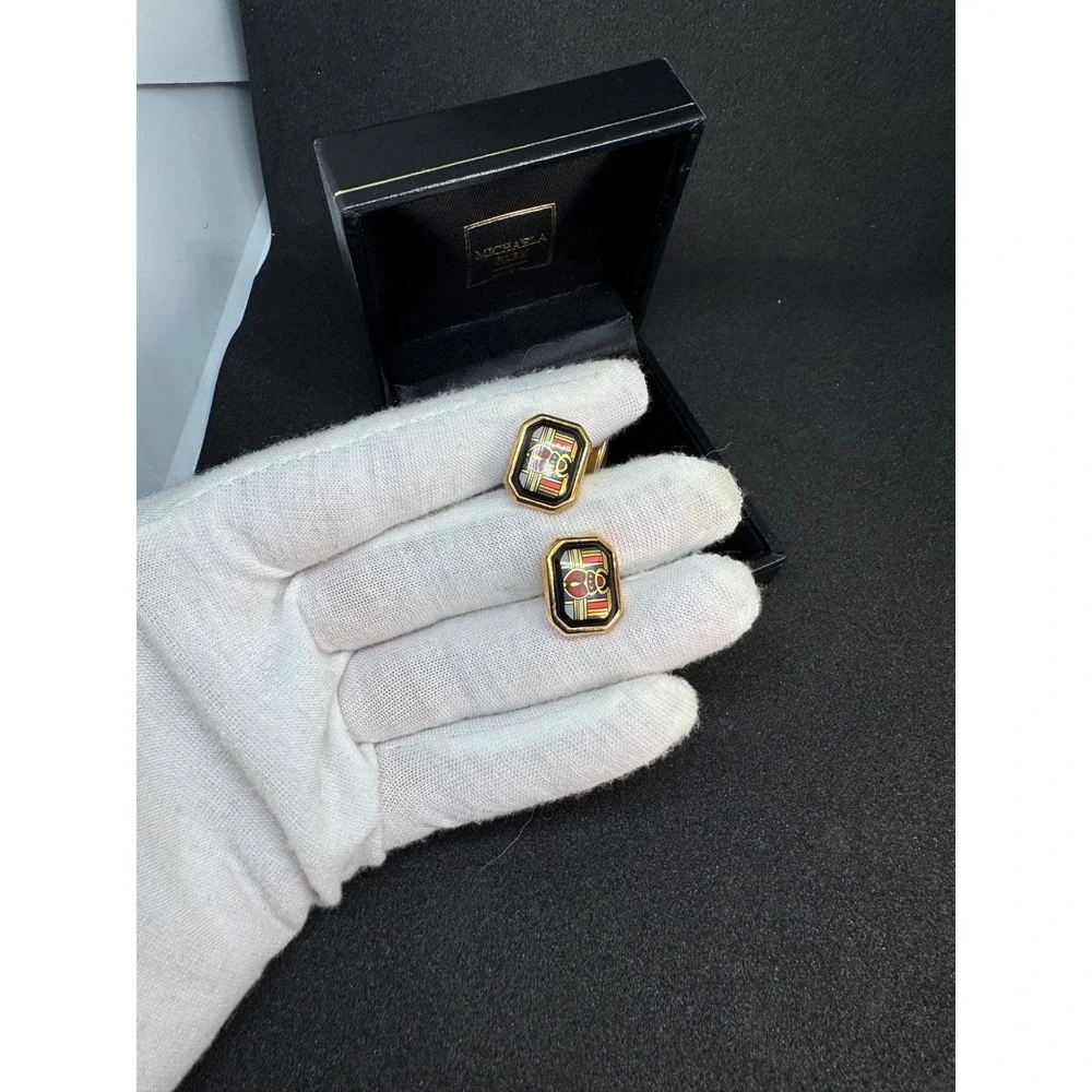 Michaela Frey Wien Enamel Cufflinks Vintage Gold Tone Rectangular original‎ Box